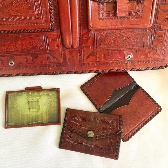 VINTAGE 1950s Hand Tooled Leather Satchel Purse Bag Mexico - Picture 1 of 16